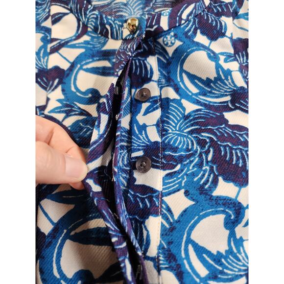 Tory Burch Button Up Tunic Top Womens Size 10 Blue Floral Geometric Wool Silk - Picture 9 of 14